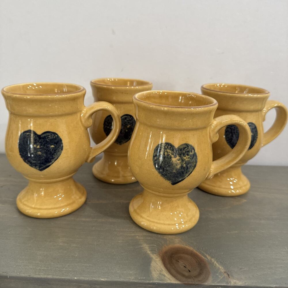 VTG Pfaltzgraff America Pedestal Footed Coffee Mugs Heart Folk Art 8 oz Set of 4